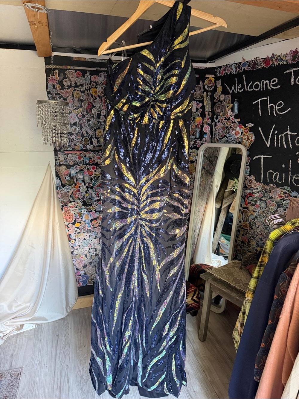 One-Shoulder Sequin Evening Gown in Black and Gold